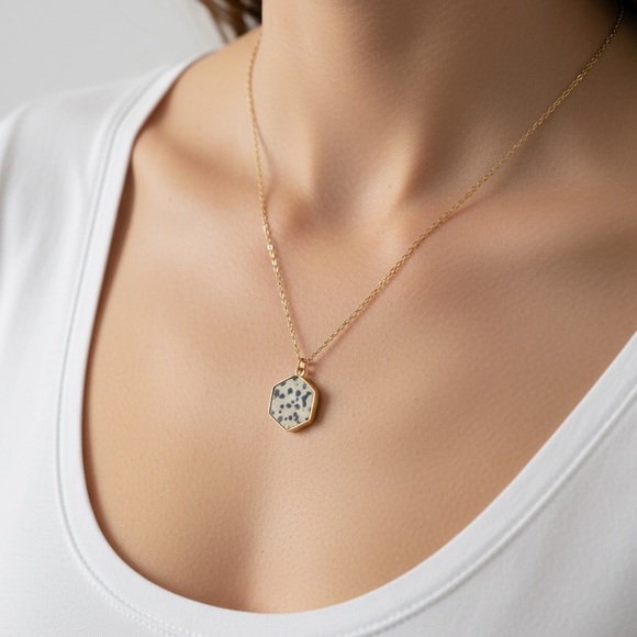 Jewelry - Gold Hexagon Dalmatian Jasper Pendant Necklace - Women